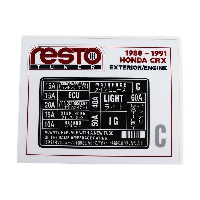 RestoTuner Engine Fuse Replacement Decal for 88-91 Civic/CRX