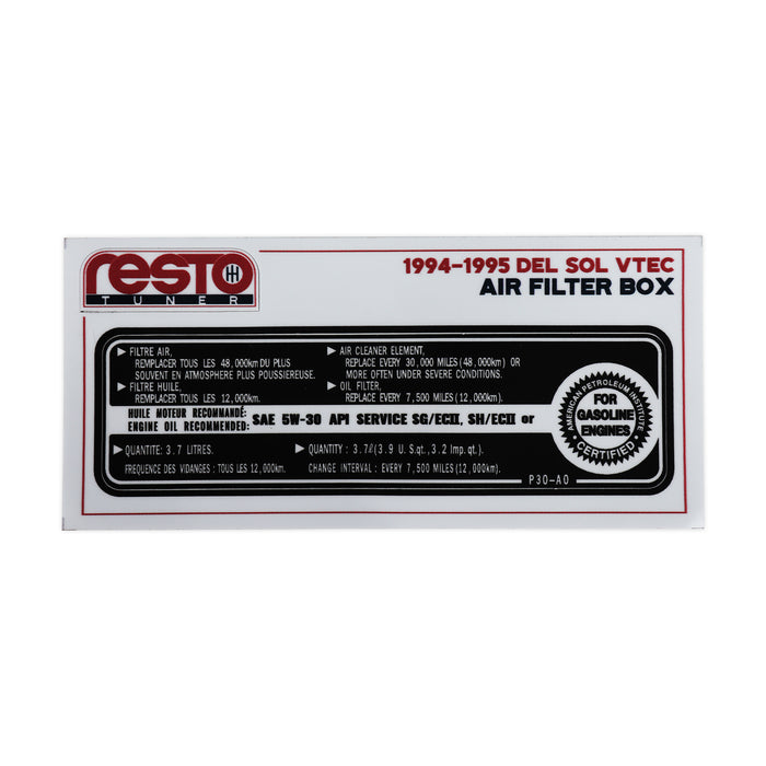 RestoTuner 94-95 Del Sol VTEC (B16) Air Filter Box Replacement Decal