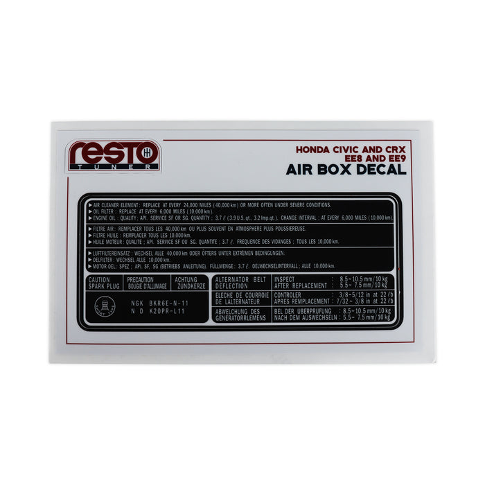 Calcomanía de reemplazo de caja de filtro de aire RestoTuner Civic/CRX EE8 y EE9 (fábrica B16)