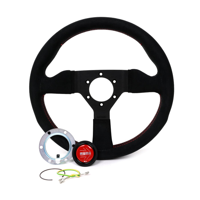 Momo Montecarlo Alcantara Steering Wheel 320 mm - Black/Red Stitch/Black Spokes